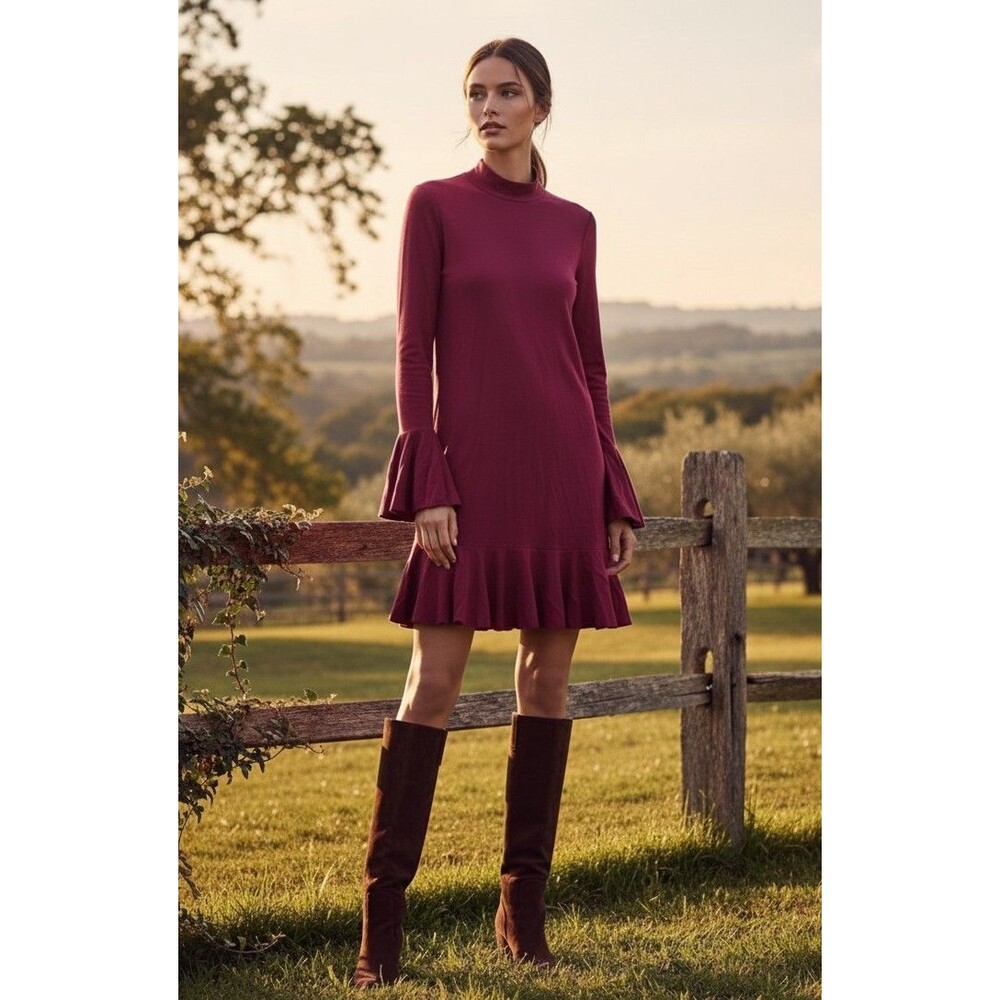 Susana Monaco Womens Bodycon Dress Maroon High Neck Bell Long Sleeve Mini XS